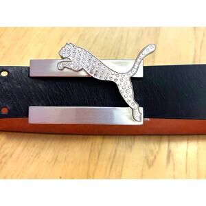Puma Men's Golf Belt Black Leather Silver Cat Bling Buckle Rhinestones Logo 30in